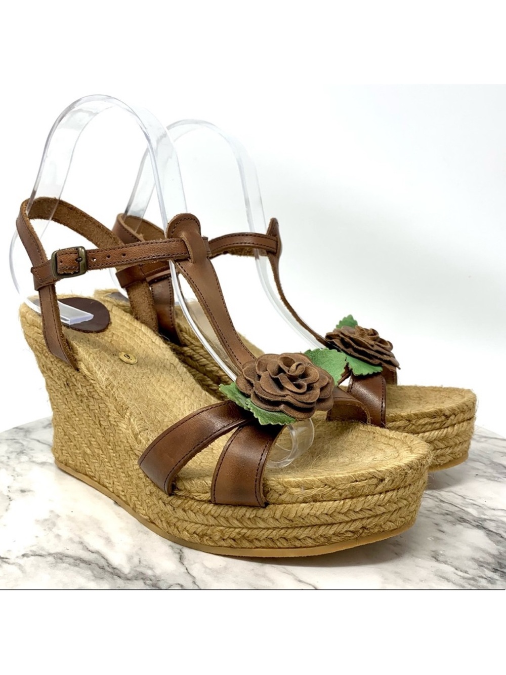 Andrea Assous Brown Leather Flower T-Strap Espadrille Wedges 9 Cottagecore